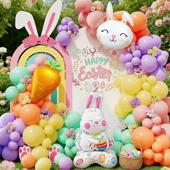CboDeco Easter Balloon Arch Kit, 171PCS Pastel Balloon Garland with Bunny & Carrot Foil Balloons, Spring Bunny Balloons for Easter Party Decorations