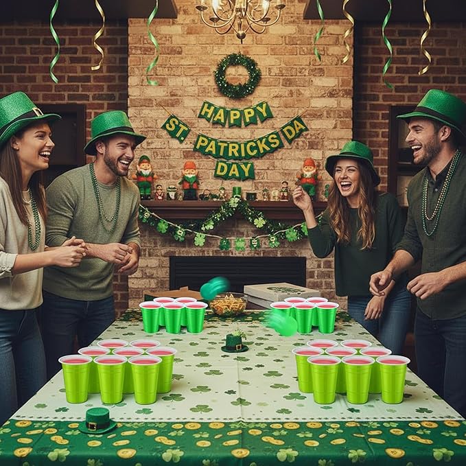 32pcs St. Patricks Day Party Games for Adult Include 24 Pcs 16oz Green Plastic Cups with 8 Balls, Shamrocks Irish Festival Party Decor, Juice Beverage, Outdoor Toss Game Favor Supplies