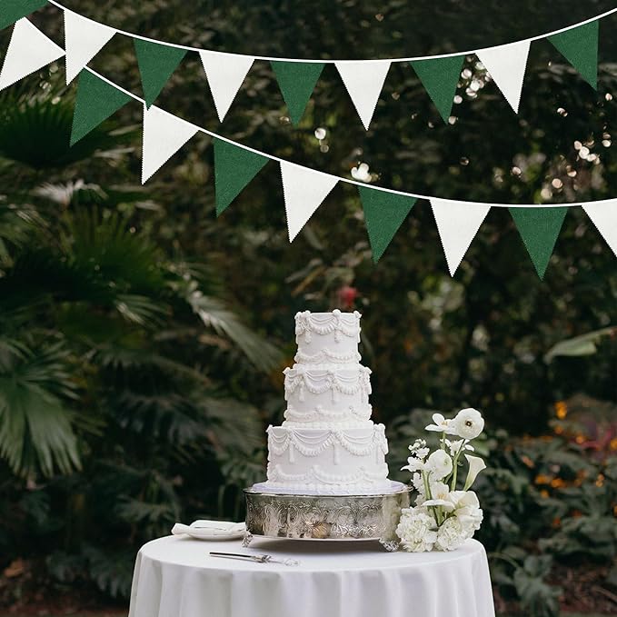 46Ft Green White Party Decorations Dark Green White Burlap Banner Triangle Pennant Flag Linen Garland Streamers for Master Golf Birthday Baby Shower Rustic Camping Jungle Golf Party Decorations