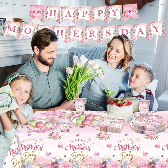 98PCS Happy Mother's Day Party Supplies Mothers Day Tableware Set Best Mom Ever Paper Plates Napkins Forks Knives Tablecloth Banner Mothers Day Party Decorations Disposable Dinnerware for 16 Guests