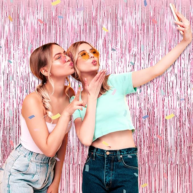 3 Pack Pink Foil Fringe Curtain Backdrop, 3.28Ft x 6.6Ft Metallic Tinsel Foil Fringe Streamer Curtains for Photo Booth, Christmas Day, Thanksgiving, Wedding, New Year Party Decorations