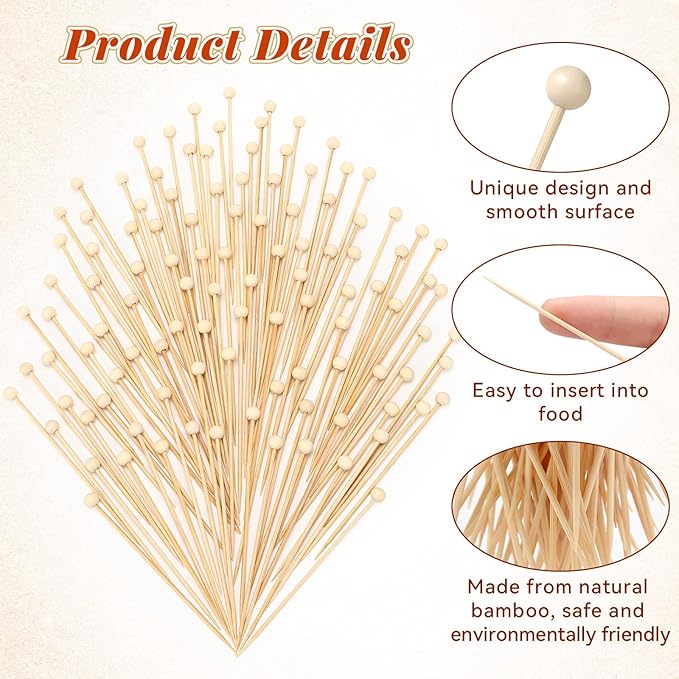 300 Pcs Ball Toothpicks, 5.3 Inch Balls Cocktail Picks for Appetizers, Round Bamboo Toothpicks, Wooden Decorative Toothpicks Skewers for Holiday Birthday Party Decorations (Ball)