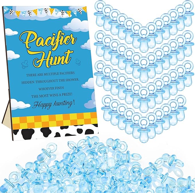 Thyle 51 Pcs Blue Sky Pacifier Hunt Baby Shower Games Boy Story Decorations Include Hunt Sign and 50 Acrylic Pacifiers for Baby Shower Game Decoration Gift Sets Gender Reveal Party Decor