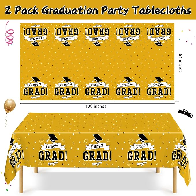 2 PCS 2026 Graduation Table Decorations, 108" X 54" Yellow Plastic Graduation Table cloths, Disposable Tablecover for Class 2026 Congrats Grad, Rectangle TableCloths for Grad Decor Party Supplies