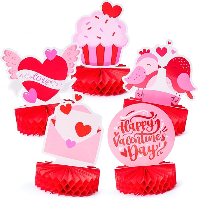JOYIN 12 Pcs Valentine's Day Honeycomb Centerpieces, Table Decorations with Red Pink Heart Bear , Centerpieces Decor for Kids Birthday Valentine's Day Party Supplies