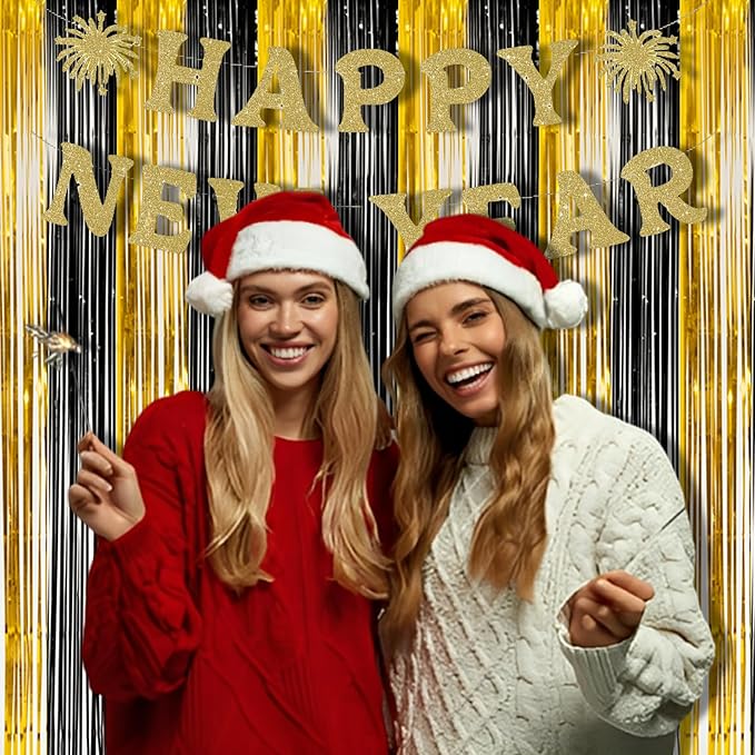 BRAVESHINE 3.2 x 8.2ft Black Gold Foil Fringe Curtains - 2 Pack Tinsel Photo Booths Party Streamers Backdrop for New Years/Boy/Men/Birthdays/Engagement/Homecoming/Farewell/Prom/Christmas Decorations