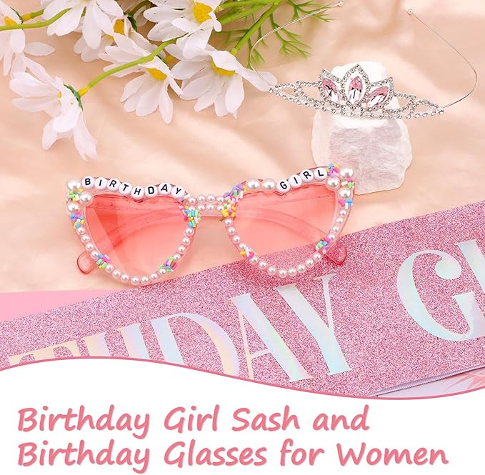 Birthday Girl Sash, Birthday Sash for Girls and Women with Birthday Glasses (Tiara,sash,glasses)
