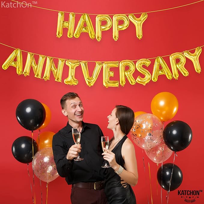 KatchOn, Letters Gold Happy Anniversary Balloons - Big, 16 Inch | Banner, Backdrop & Balloon Banner for Gold Happy Anniversary Decorations | Wedding anniversary Party Decorations | Anniversary Decor