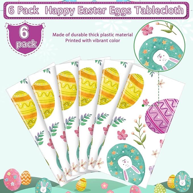 6 Pack Easter Tablecloth Party Decorations, Easter Eggs Bunny Plastic Tablecloth Table Decor, Watercolor Spring Easter Disposable Rectangle Table Cover for Home, Kitchen, Dining Room, 54 x 108 Inch