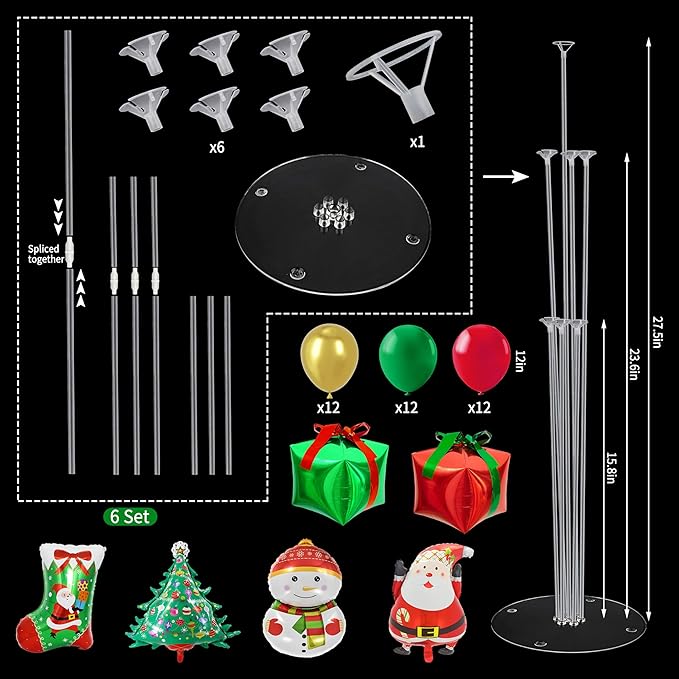 6 Set Christmas Balloon Table Centerpiece kit with Gift Box Santa Claus Foil Balloon Centerpiece Balloon Centerpiece for Tables Balloon Holder Decoration for Xmas Holiday Birthday Party New Year Decor