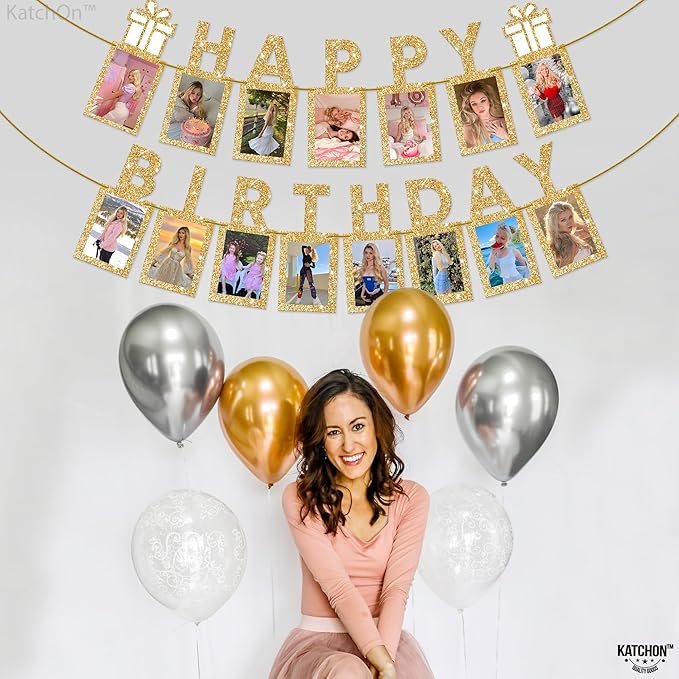 KatchOn, Glitter Gold Happy Birthday Banner - Big 10 Feet, Preassembled | Gold Happy Birthday Picture Banner for Happy Birthday Decorations | Gold Party Decorations