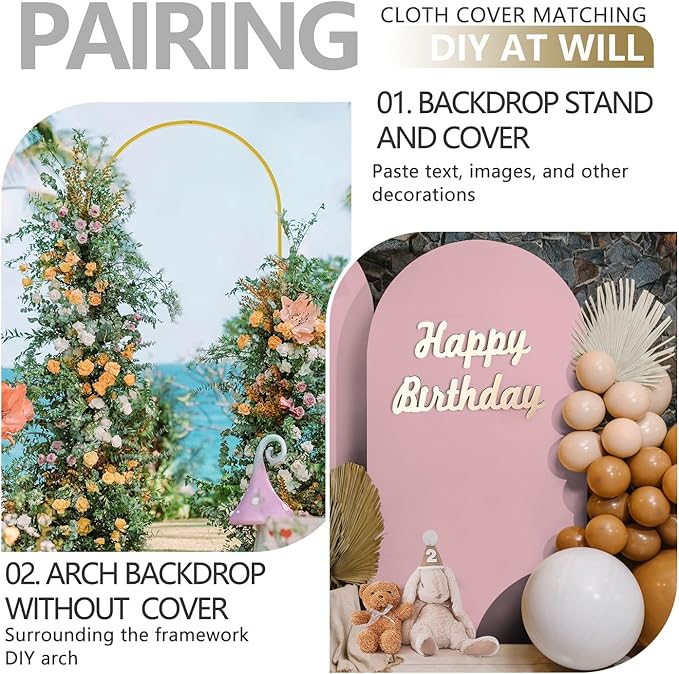 Arch Backdrop Stand and Cover Set, 2 Metal Balloon Arch Backdrop 7.2ft 6ft, Gold Arched Stand Frame for Wedding, Parties,Birthday, Event Decorations (Pale Pink,7.2ft+6ft)