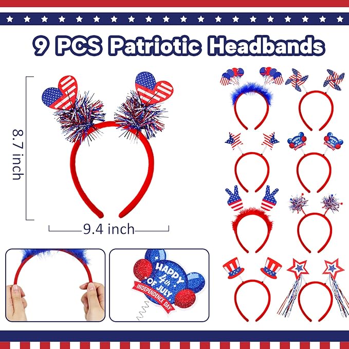 Max Fun 4th of July Accessories, 18 Pcs Patriotic Glasses and Headbands Set Fourth of July Decorations for Kids Adults Independence Day Party Favors Photo Booth Props