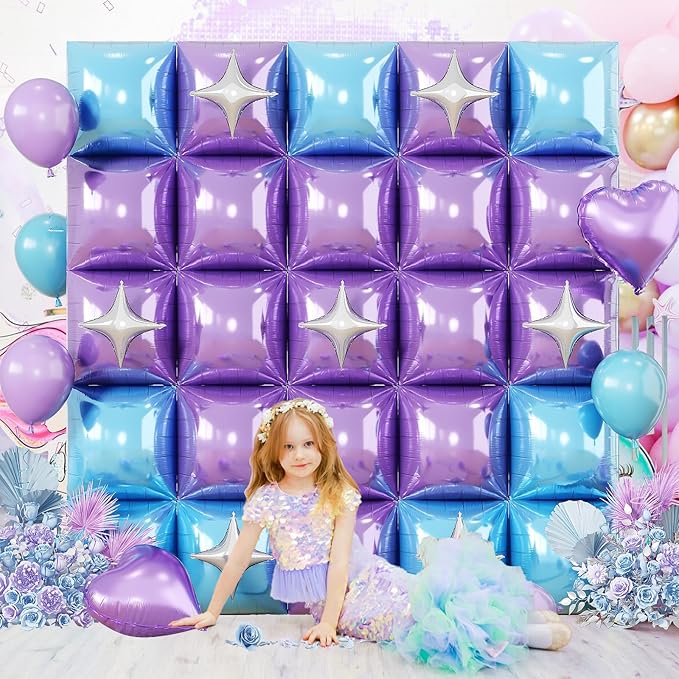 32PCS Blue and Purple Square Foil Balloons Wall with Star Foil Balloon, Double Sided Frozen Snowflake Light Purple Blue Balloon Backdrop Tunnel Arch Kit for Winter Birthdays Under the Sea Theme Decor