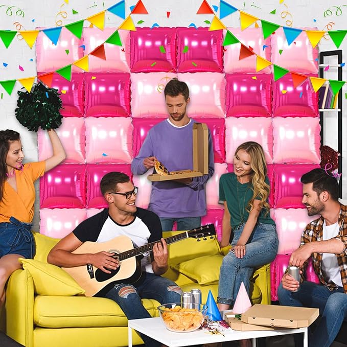36 Pcs Hot Pink Double Sided Square Foil Balloon Wall Backdrop Metallic Pink Balloons Backdrop Tunnel Arch Kit Mylar Square Balloons for Bachelorette Engagement Wedding Birthday Party Decorations