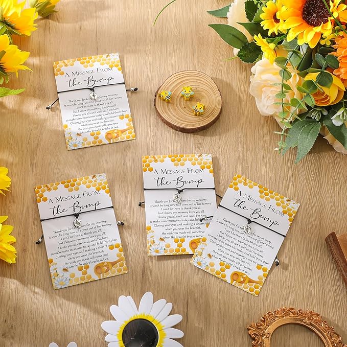Thyle 50 Set Bee Baby Shower Favors for Guests Adjustable Bracelets with Message from the Bump Card Footprints Charm Baby Shower Bracelets for Gender Reveal Thank You Gifts