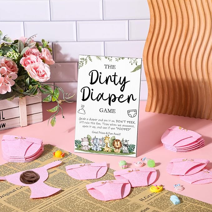 Roowest 51 Pcs Dirty Diaper Baby Shower Games Funny Wooden Sign with 50 Pcs Mini Diapers Cute Felt for Gender Reveal Party Baby Shower(Animals Pink)