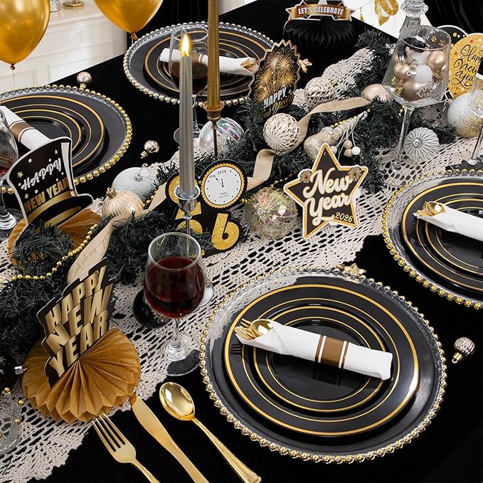 175PCS Black and Gold Plates - Black Disposable Plates for Party - 25Guests Disposable Dinnerware Set for Graduation Wedding Party Birthday