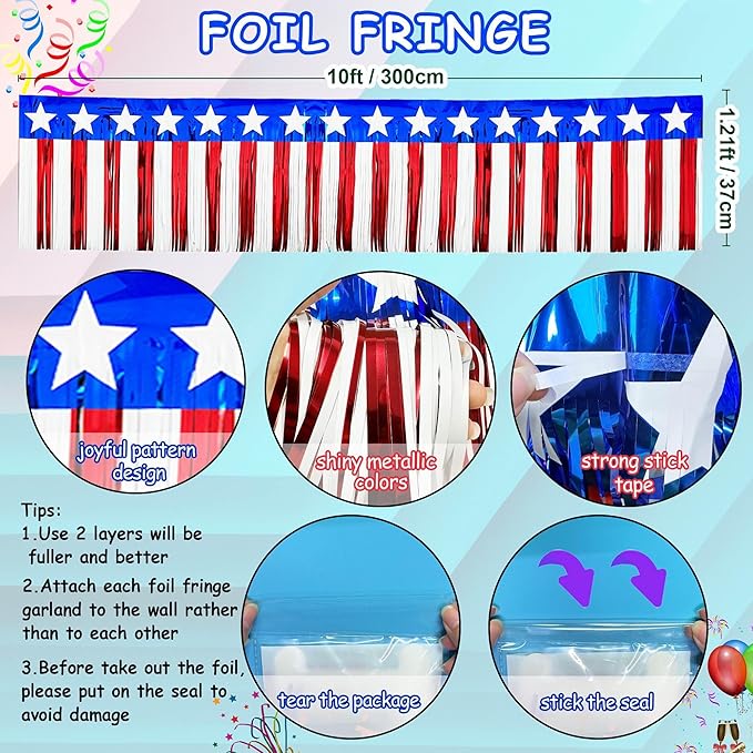 4 Pack 39Ft 4th of July Parade Floats for Trailer Car, Flag Stripes and Stars Foil Fringe Garland Tinsel Streamers Banner Table Skirts for 4th of July Graduation Homecoming Birthday Party (Star)