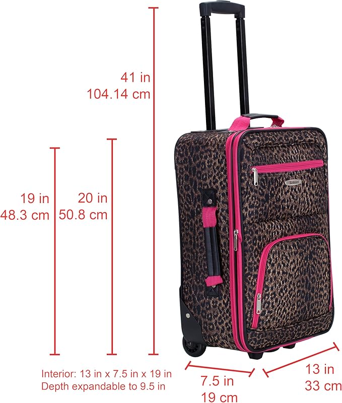 Rockland Fashion Softside 2 Piece Luggage Set, Expandable, (14" Tote/19" Upright), Pink Leopard