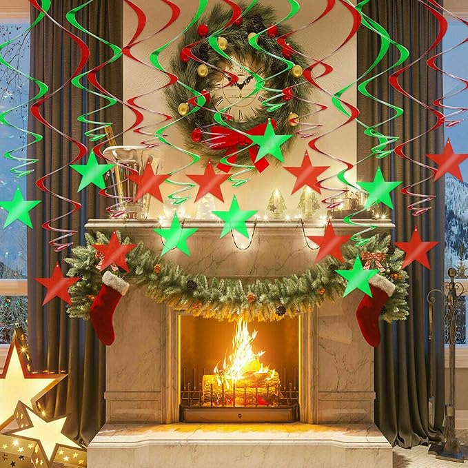 BEISHIDA Red Green Star Hanging Swirl Christmas Decorations Ceiling Hanging Party Supplies for Christmas Birthday Wedding Decorations, Pack of 15