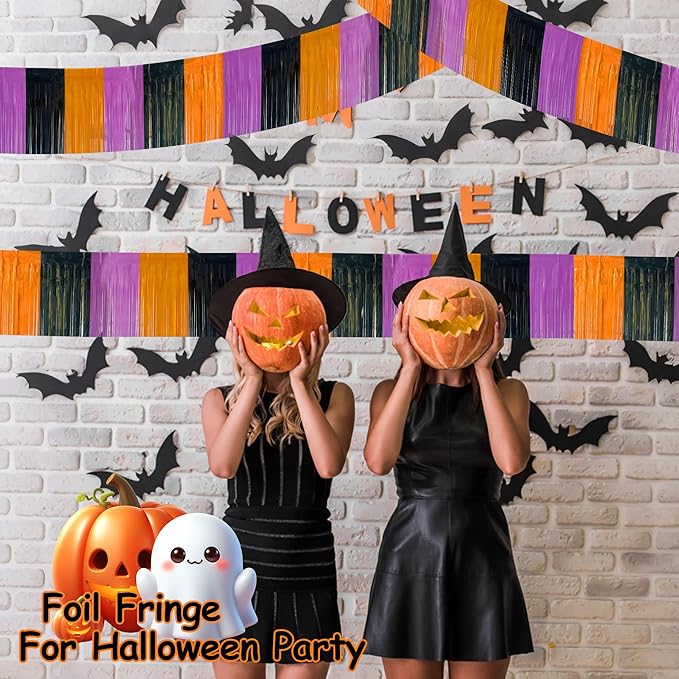 4 Packs 39 Feet Halloween Parade Floats for Trailer Car, Foil Fringe Garland Tinsel Streamers Banner Table Skirts for Halloween Dia De Los Muertos Homecoming BBirthday (Black Orange Purple)