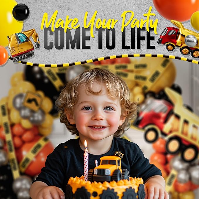 ALL-IN-1 Construction Balloon Arch Kit with BONUS Caution Tape & Truck Balloons - Construction Balloons for Excavator Birthday Decorations - Construction Birthday Party Supplies & Decorations