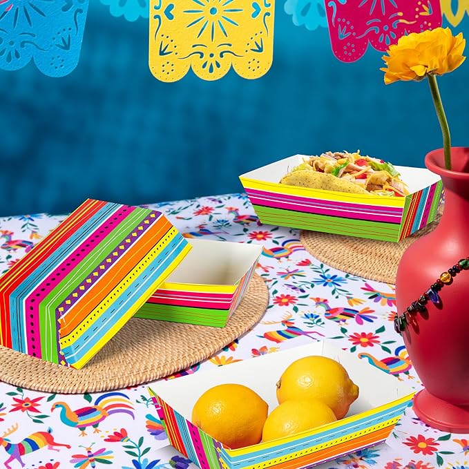 50 Pcs Mexican Taco Food Trays, Disposable Cinco De Mayo Paper Tray Fiesta Theme Party Decorations, Colorful Mexican Stripe Design Kitchen Decor Fiesta Ware Dinnerware for Mayo Party Supplies