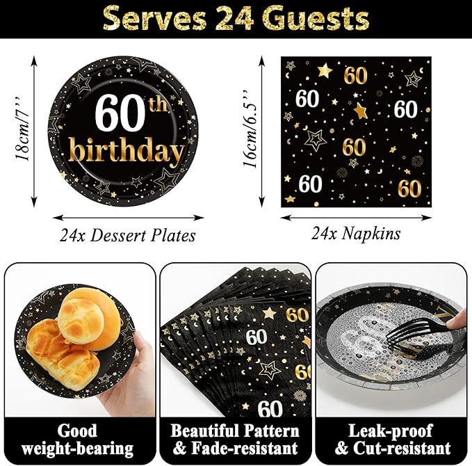 60th Birthday Party Supplies Serves 24 Black and Gold 60 Years Old Party Decorations Paper Plates Napkins Cheers to 60 Years Favors Tablecloth Set Vintage 1966 Tableware Kit for Men Birthday
