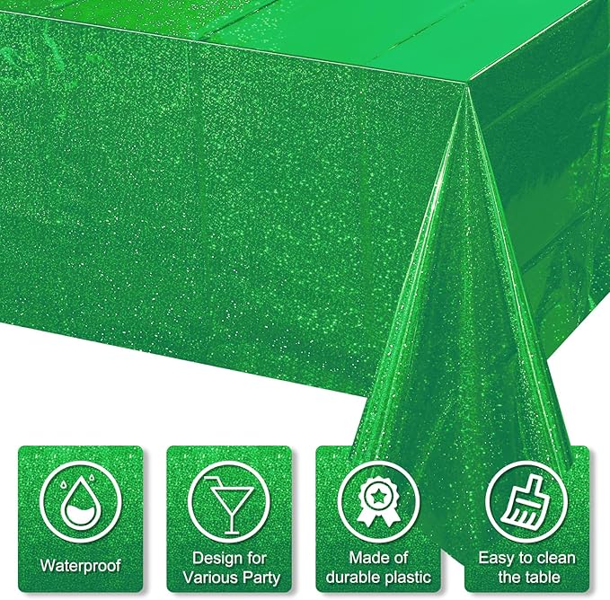 3 Pack Iridescent Green Plastic Tablecloths, Shiny Disposable Laser Rectangle Table Covers, Holographic Foil Tablecloth for St. Patrick's Day Birthday Christmas Witch Theme Party, 54x108Inch