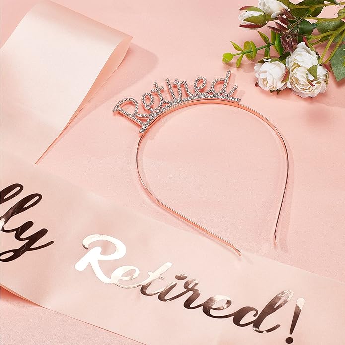 NNICENEEDED Retirement Crown and Sash Set, Rose Gold Sparkling Tiara with Pink Satin Belt for Retired Women, Perfect Party Decorations and Gifts