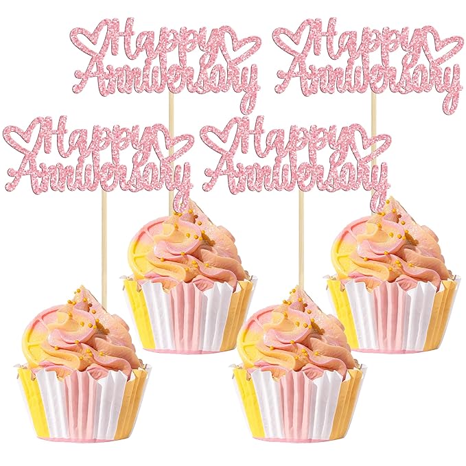 Gyufise 24Pcs Glitter Happy Anniversary Cupcake Toppers Anniversary Party Supplies Cake Decoration Wedding Celebration Party Decoration Supplies Pink