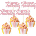 Gyufise 24Pcs Glitter Happy Anniversary Cupcake Toppers Anniversary Party Supplies Cake Decoration Wedding Celebration Party Decoration Supplies Pink
