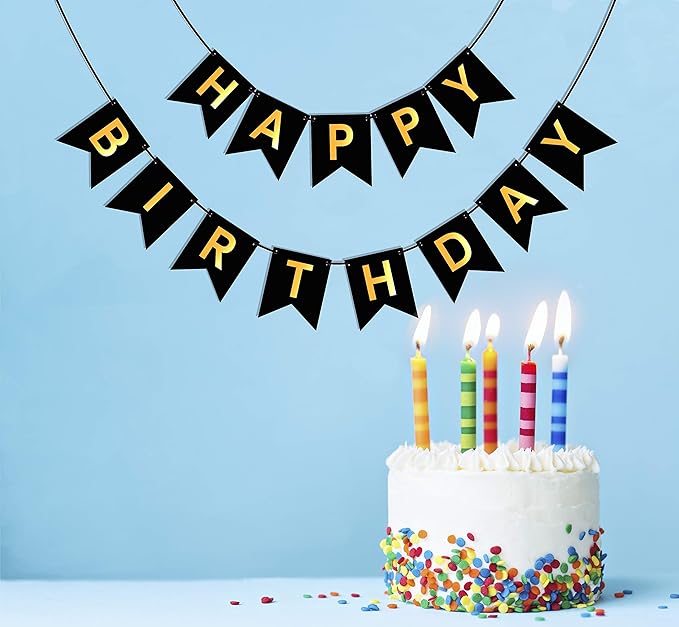 Large Happy Birthday Banner 6.3&7.8 inches Happy Birthday Bunting Banner with Shiny Gold Letters Black & Gold Birthday Party Decorations for Any Ages's Party Supplies with 13 Cards, a Ribbon