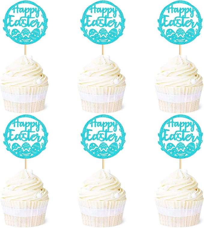 Ercadio 24Pcs Happy Easter Cupcake Toppers Glitter Blue Happy Easter Eggs Cupcake Picks for Easter Day Theme Baby Shower Easter Birthday Wedding Anniversary Party Cupcake Decorations