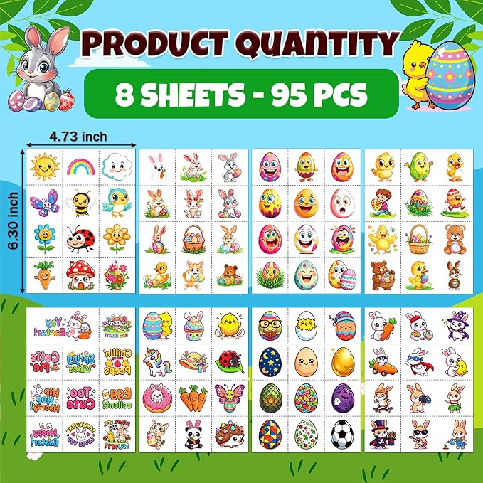 JCFIRE 95 PCS Easter Basket Stuffers, Temporary Tattoos for Kids, Spring Egg Fillers, Cute Bunny Stickers, Easter Party Favors Toys Toddler Teens Boys