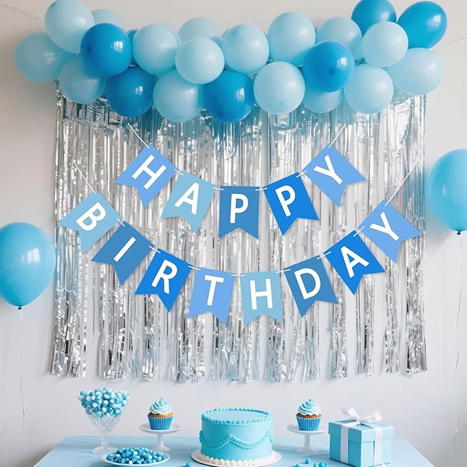 Happy Birthday Banner Sign, Birthday Garland Wall Door Hanging Banners Flag for Women Men Boys Girls Party Backdrop Decorations, Personalized Name Banner White Letters Blue and Light Blue