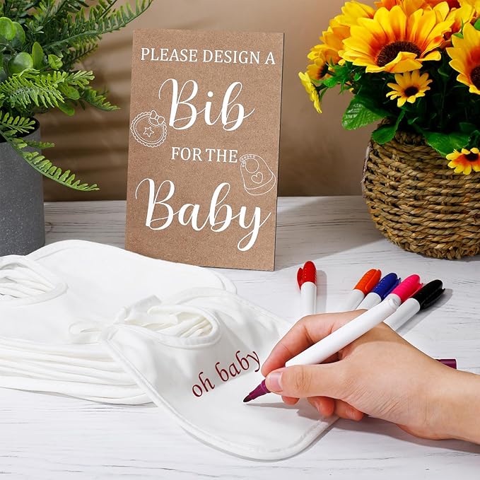 Panitay 43 Pcs Baby Shower Games White Bibs Design, Include Wooden Baby Shower Game Sign, 30 DIY Blank White Bibs, 12 Markers for Gender Reveal Party Decorating Supplies(Classic Style)