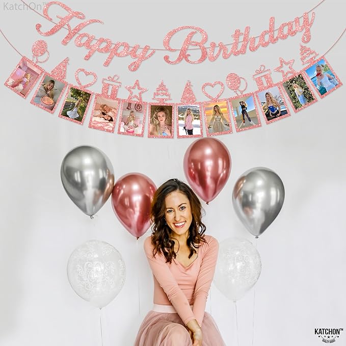 KatchOn, Glitter Rose Gold Happy Birthday Photo Banner - Prestrung, 10 Feet | Bday Picture Banner Decoration for Happy Birthday Decorations | Rose Gold Party Decorations