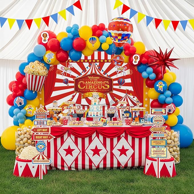 Circus Theme birthday party decorations & include red blue yellow balloon garland & foil hot air popcorn balloons & banner carnival road sign paper card background decor