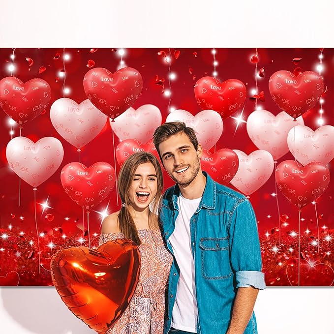 Red Hearts Balloons Anniversary Backdrop Banner Romantic Love Theme Photography Background for Anniversary Engagement Wedding Bridal Shower Couples Date Night Party Decorations 8x6ft（96x72 Inch）