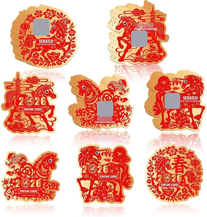 KYMY 2026 Chinese & Vietnamese New Year Scratch Cards – 64PCS Spring Festival Scratch Off Fortune Cards, Zodiac Horse Year Red Lucky Cards for Lunar New Year Party Decorations