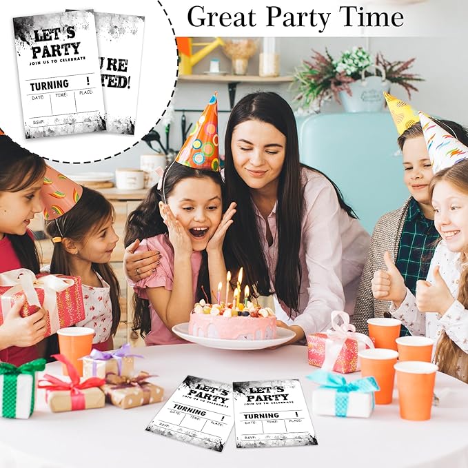 Black and White Ink Graffiti Style Birthday Invitations, Watercolor Invites for Girls Boys, 20 Pcs Double-Sided Fill In Invitations with Envelopes, Birthday Party Favor & Supplies 6 x 4 Inch