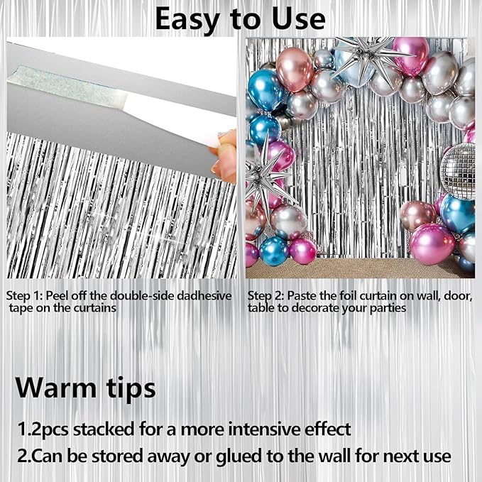 4 Packs Silver Foil Fringe Curtain, Silver Metallic Tinsel Backdrop for Birthday, Wedding, Baby Shower, Engagement, Bachelorette Party, Christmas Holiday Celebration Party Decorations Supplies