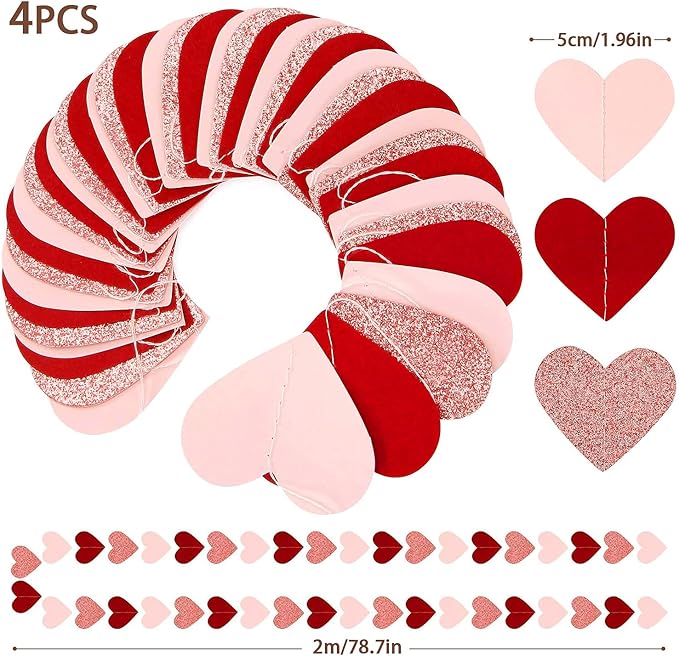 Valentines Day Decorations,Rose Gold Pink and Red Party Decorations Garland - 52Ft -Pack of 4-Heart Paper Streamers Banner for Valentines Mothers Day Bachelorette Bridal Shower Engagement Wedding