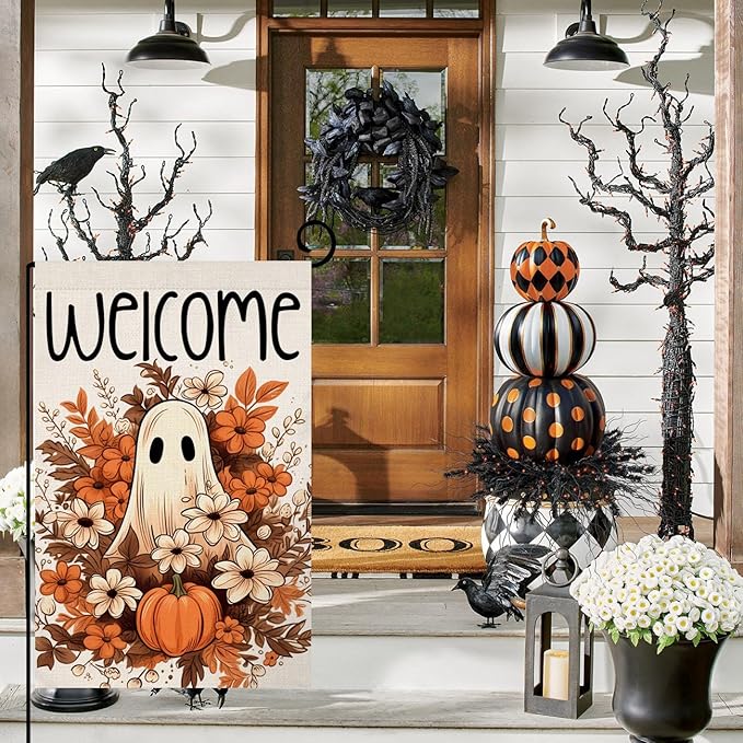 BLKWHT Halloween Ghost Garden Flag 12x18 Vertical Double Sided Spooky Pumpkin Fall Holiday Outside Decorations Burlap Yard Flag BW707