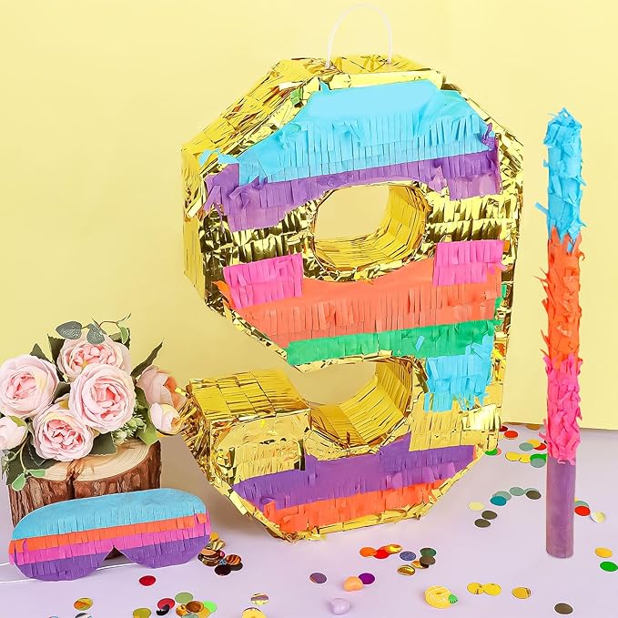 Rainbow Number 9 Pinata Birthday Decorations for Kids, Rainbow Pinata with Bat Stick Blindfold for Boys Girls 9th Birthday Celebrations Baby Shower Party Supplies (16.14x10.6x2.95 Inches)