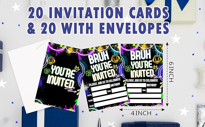 CLIRBE Bruh Birthday Party Invitations, Glow Neon Invited Birthday Invitations For Brother Bro Teen Boys, 20 Invites Cards With 20 Envelopes, Party Supplies Favors -H02