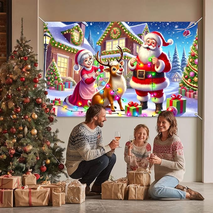 Santa Reindeer Christmas Banner 71x43 Inches Holiday House Backdrop Merry Christmas Decoration for Indoor Outdoor Winter Party Wall Porch Photo Display Festive Family Scene