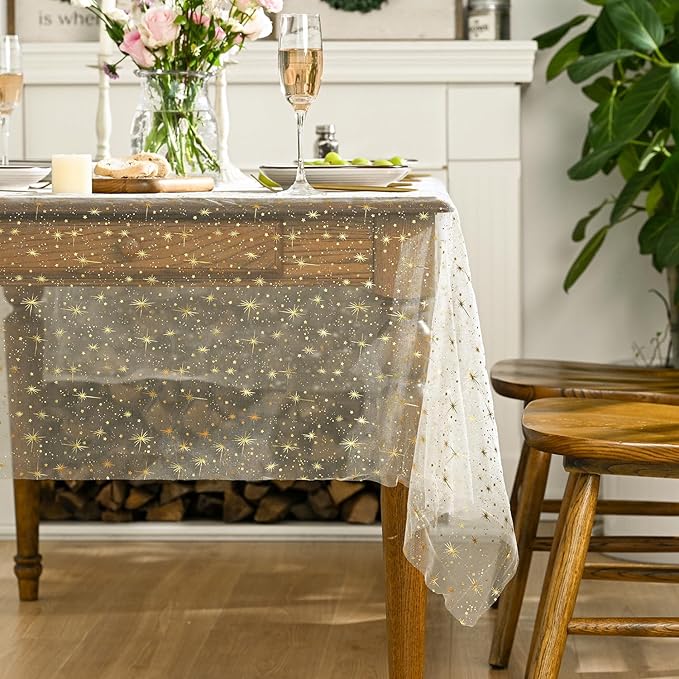Horaldaily Beige Gold Sparkling Star Gauze Tablecloth 60x140 Inch Rectangular, Golden Star Sequin Glitter Metallic Foil, Sheer Tulle Cheesecloth for Wedding Baby Shower Party